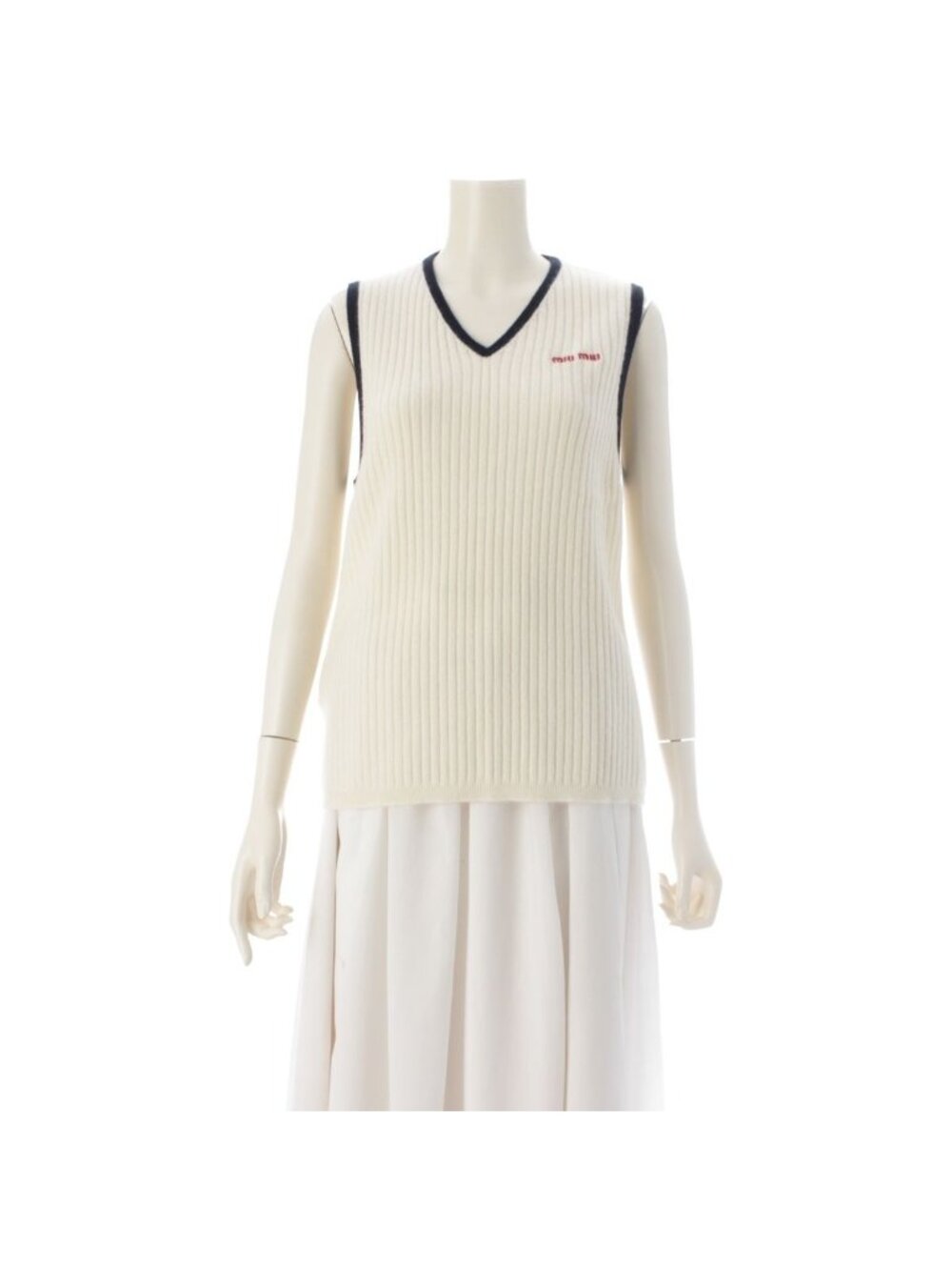 Miu Miu Cashmere Logo Embroidery Rib Knit Vest Top Off White Dark Navy 38